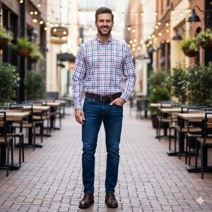 Chaps Mens Size Medium Easy Care Blue White Plaid Preppy Business Casual Work